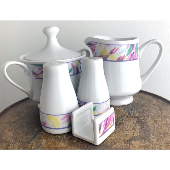 McCrory Stores 1994~6 Pc Condiment Set~Sugar Creamer Salt Pepper Packet Holder - Picture 1 of 9